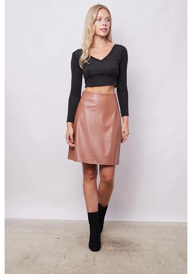 Kadın Hafif Likralı Deri Yüksek Bel Diz Boy Çan Etek-camel CAMEL
