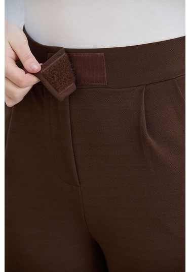 Kadın Gri Cırt Cırtlı Kapama Rahat Palazzo Likralı Esnek Beli Lastikli Pantolon Yüksek Bel Kahverengi