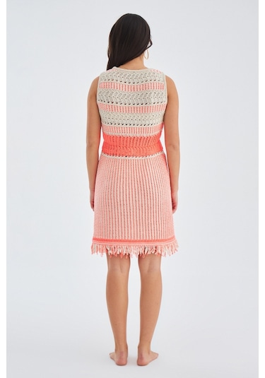 Peraluna Kiyo Dress Kolsuz Pamuklu Diz Hizası Yazlık Kadın Elbise Bej- Neon Turuncu