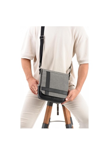 Kanvas Kumaş Tablet Çantası Erkek Postacı Çanta 27 23 Cm Çapraz Askılı Omuz Çantası Gri