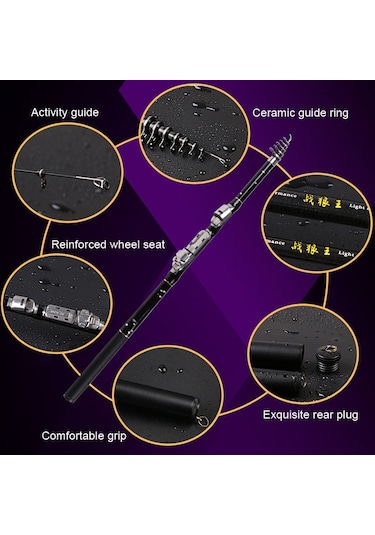 Zhanlangwang Karbon Atma Çubuğu Mini Kısa Kaya Olta Kamışı, Uzunluk: 3.6m Siyah Siyah