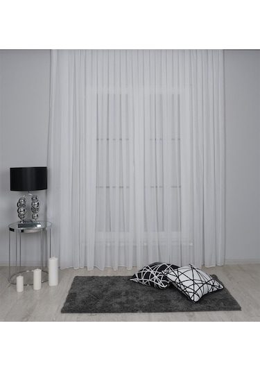 Mikro İpek Vual Pilesiz Düz Tül Perde Ekru Beyaz