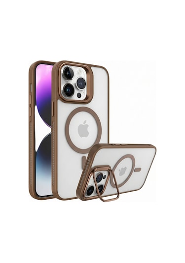Apple Uyumlu iPhone 11 Magsafe Stantlı Premium Kılıf Lens Kahverengi
