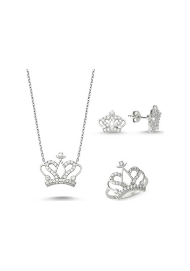 Kral Kraliçe Tacı Kadın Gümüş Kolye Küpe Ve Yüzük Seti Wss07
