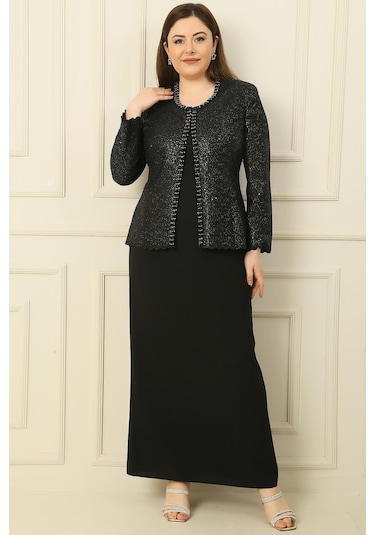 Yaka Taşlı Astarlı Uzun Krep Elbise Pullu Ceket Büyük Beden 2'li Takım-36241 Siyah