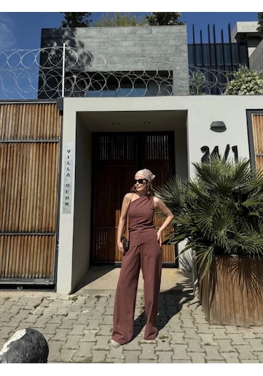 Kadın Keten Asimetrik Tek Omuzlu Bluz Pantalon Takım- Bordo Bordo