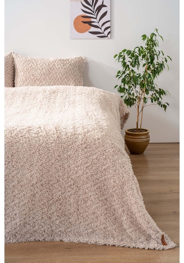 Dali Zigzaglı Bej Çift Kişilik Jakarlı Deluxe Uyku Seti 3 Parça Yatak Örtüsü Seti Bej