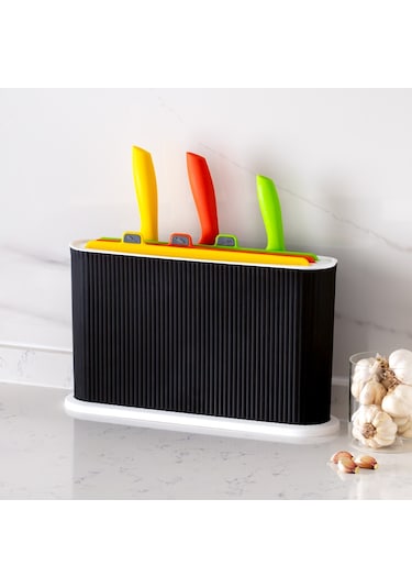 Porsima 1075 3 Bıçaklı Standlı Çoklu Kesme Tahtası Seti Siyah - Beyaz