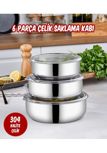 Steel&More 3 Lü Çelik Saklama Kabı 6 Parça Gri