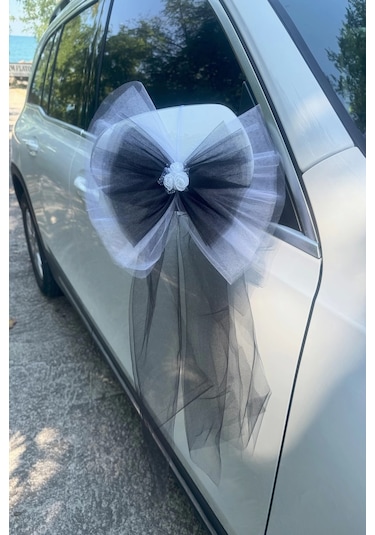 30 Adet Beyaz Siyah Kristal Tül Beyaz Latex Gül Kuyruk Detaylı Düğün Nikah Kına Sünnet Konvoy Süsü Beyaz Siyah