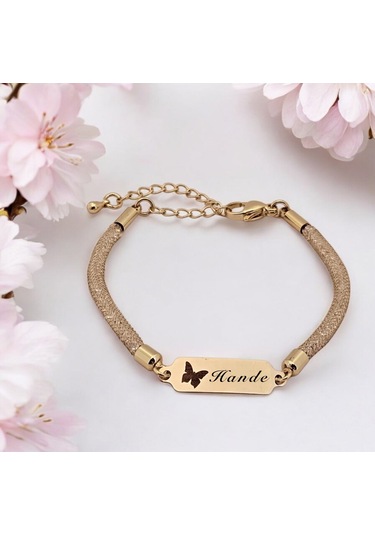 Archin Hande İsmine Özel Hasır Kordonlu Kelebek Motifli 14 Ayar Altın Plakalı Hediye Bileklik-647isim Hande