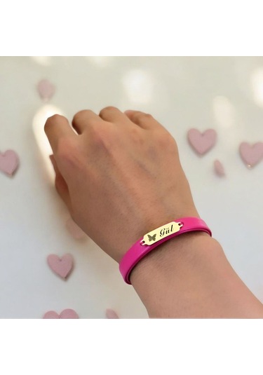 Archin Gül İsmine Özel 14 Ayar Altın Plakalı Doğal Pembe Derili Kelebek Figürlü Hediye Bileklik-651isim Gül