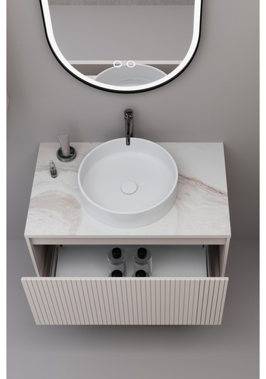 Almonde 80 Cm Beyaz Lavabolu Banyo Dolabı Krem - Raf Modül Dahil Krem