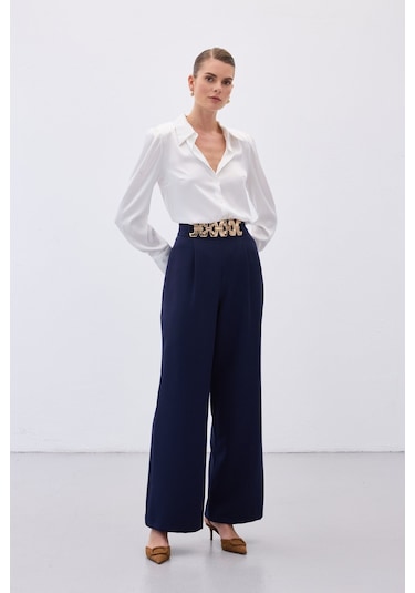 Sateen Kemerli Salaş Pantolon - Lacivert-136534 Lacivert