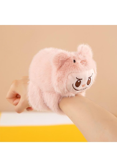 Sevimli Kawaii Labubu Hayvan Tokatlı Çıtçıtlı Sarma Bileklik Labubu Peluş El Yüzügü Bileklik Açık Pembe