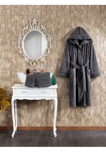 Finezza Luna %100 Pamuk Bornoz Seti Koyu Gri 3 Parça - 524
