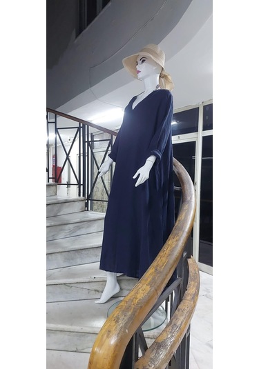 İtalyan V Yaka Uzun Kol Keten Elbise-8907 Lacivert