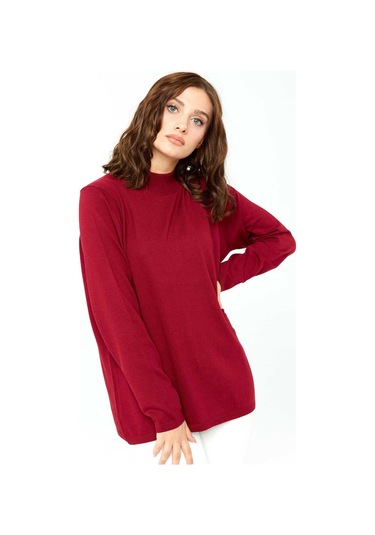 Desen Triko Kadın Likralı Uzun Kol Basic Yarım Balıkçı Bluz 0240016 Kırmızı Kırmızı