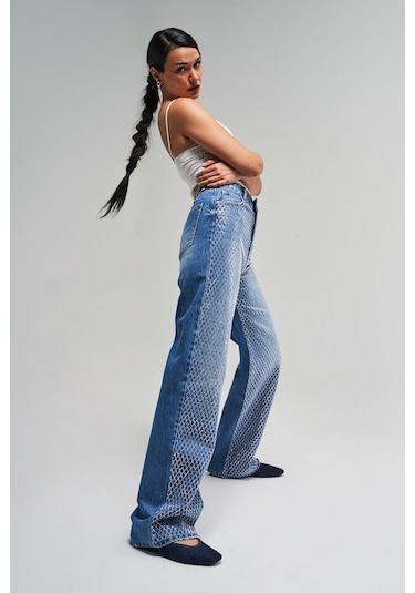 Itsbasic Kadın Mavi Renk Doris T3-2s5-4 Parlak Taşlı Straight Fit Yüksek Bel %100 Koton Tasarım Denim Jean Mavi T3-2s5-4