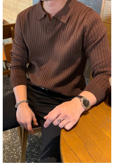 Cool Tarz Erkek Polo Yaka Triko Kazak Slim Fit Fitilli Kahverengi