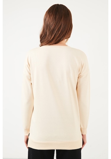 Lela Pamuklu Regular Fit Bisiklet Yaka Basic Bayan Sweat 5863569 Taş