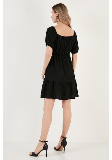 Lela Önü Büzgülü Balon Kollu Mini Bayan Elbise 5869005 Siyah