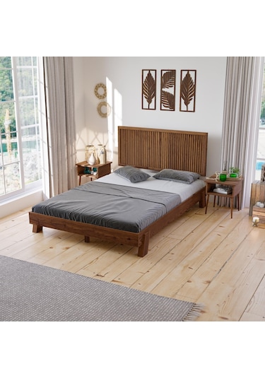 Ebruli Model Ceviz Renk Çam Ahşap Karyola-166 120 x 200