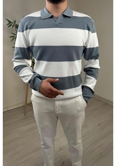 Explode - Erkek Mavi - Ekru Şerit Desenli Polo Yaka Oversize Triko Kazak Mavi