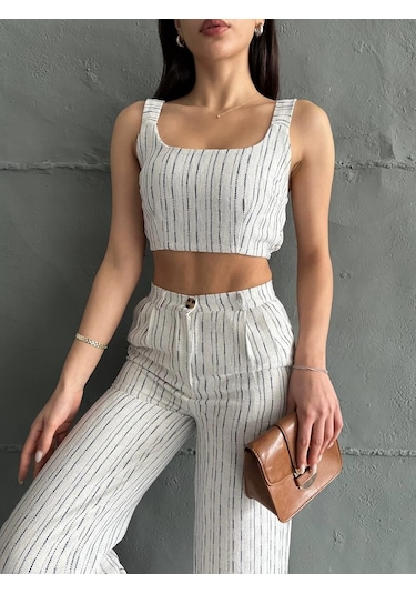 Eke Tekstil Lacivert Çizgili Crop Pantolon Keten Takım-lacivert Lacivert