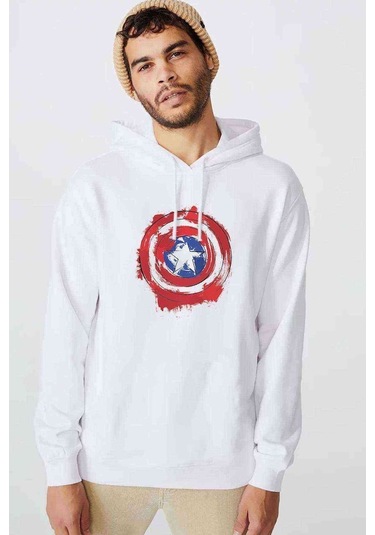 Captain America Shield Baskılı Beyaz Erkek Örme Kapşonlu Sweat
