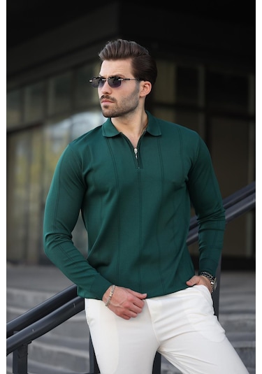 Nefti Yeşili Polo Yaka Fermuarlı Erkek Kazak E7427 Nefti Yeşil