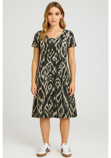 2 Adet Dökümlü Rahat Kalıp Günlük Penye Kumaş Elbise Haki