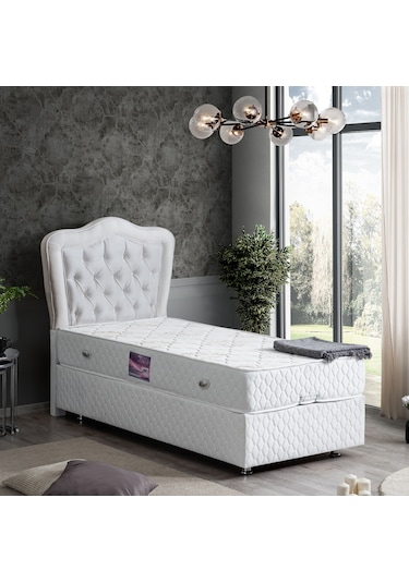 Setaymobilya Baza, Camelli Beyaz Tek Kişilik Baza + Başlık + Ortopedik Yatak