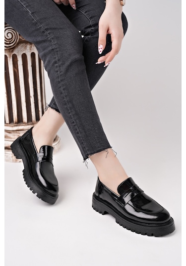 Muggo Paradise Hakiki Deri Kalın Taban Günlük Casual Makosen Kadın Loafer Ayakkabı Siyah Rugan