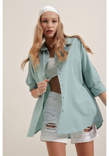 Bigdart 3900 Oversize Uzun Basic Gömlek - Su Yeşili 001