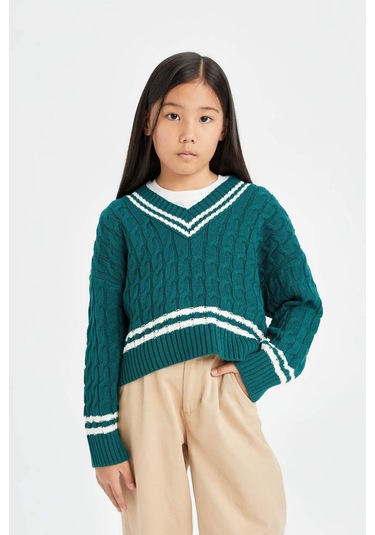 DeFacto Kız Çocuk V Yaka Saç Örgülü Triko Kazak D6760A8NSGN383 Yeşil