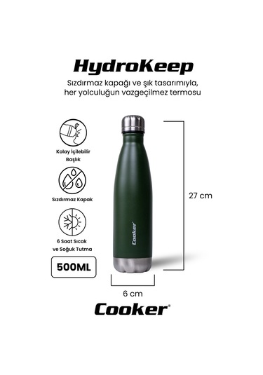 Cooker Hydrokeep 500 Ml Paslanmaz Çelik Şişe Termos Ckr2071 Haki