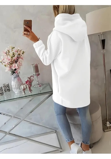Beyaz Kadın 3 İplik Şardonlu Kapüşonlu Ceket Asimetrik Fermuarlı Oversize Beyaz