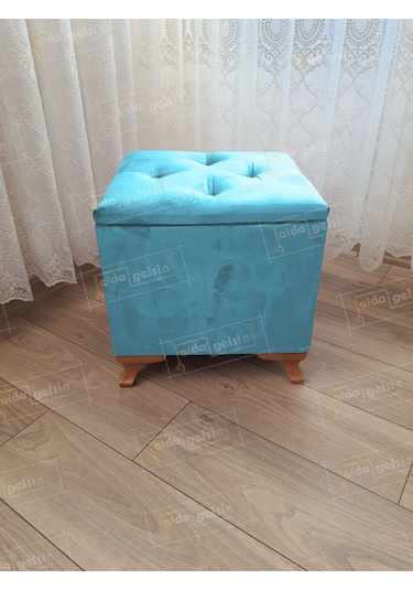 Lüks Sandıklı Tabure Puf 45 X 45 Cm Ceviz Ayak Turkuaz