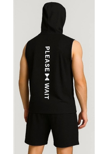 Erkek Lette Kapüşonlu Armalı Esnek Kolsuz Siyah Şortlu Takım Siyah