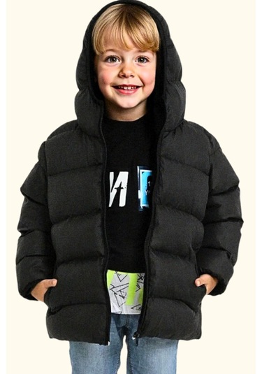 Erkek Çocuk Polarlı Kapüşonlu Su Geçirmez Rüzgara Dayanıklı Şişme Kışlık Mont Siyah
