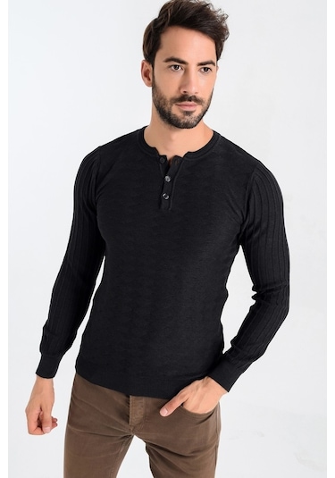 Heyss Antrasit Renkli Düğmeli Bisiklet Yaka Erkek Triko Kazak Antrasit