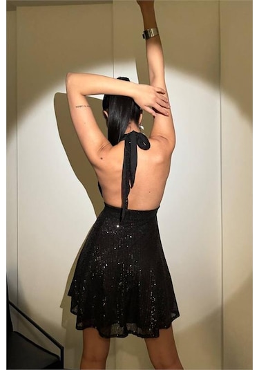 Neşeli Butik Kadın Siyah Halter Yaka Payet Elbise Nbdf046 Siyah