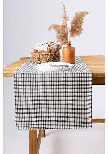 Wellstil Doku Keten Piti Kareli Runner Piknik Örtüsü 40 x 150 Siyah