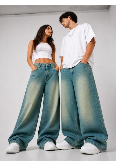 St.poll Eskitme Yeşil Efekt Vintage Yıkama Unisex Baggy Jeans Pantolon Mavi Yeşil