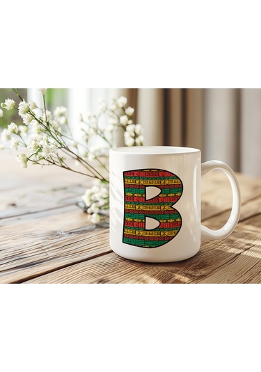 B Harfi Etnik Desenli Kupa - Afrika Tarzı Kahve Çay Kupası - Hediyelik - Black History Beyaz