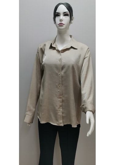 Kadın Uzun Kollu Salaş Parlak Simli Kumaş Pamuk Gömlek Bej