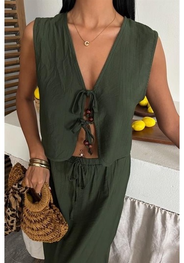 Yelek Önden Bağlamalı Uzun Etekli Takım 10192 Haki