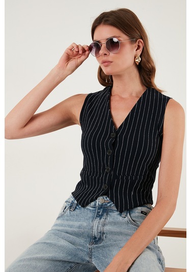 Lela Streç Fitted Fit V Yaka Düğmeli Bayan Yelek 5865971 Lacivert-Beyaz