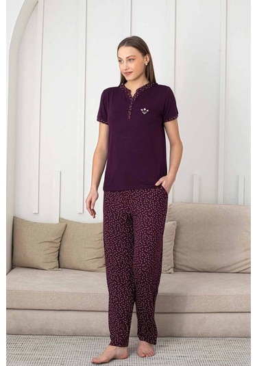 Kadın Mürdüm Desenli V Yaka 3 Düğmeli Likralı Viskon Kısa Kol Pijama Takımı Mürdüm